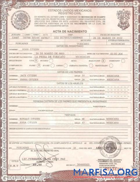 Downloadable Mexico birth certificate template in PSD format